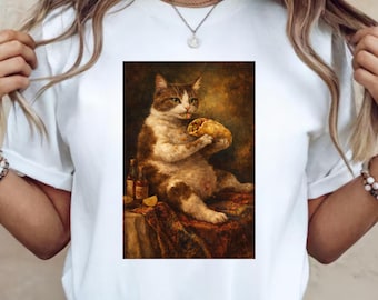Funny Renaissance Cat Taco T-Shirt  Classical Oil Painting Cat Eating Taco Tee, Vintage Art Cat Humor Shirt, Aesthetic Funny Cat Graphic Tee