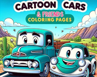Può includere: Una pagina da colorare con due auto dei cartoni animati, un camioncino blu e un'auto verde, che guidano su una strada con montagne sullo sfondo. Il titolo della pagina è "Cartoon Cars & Friends Coloring Pages".