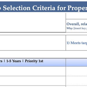 Può includere: Un foglio di lavoro intitolato "Criteri di selezione dei sobborghi per acquirenti di proprietà" con un'intestazione blu. Il foglio di lavoro include sezioni per l'offerta e la domanda, fattori quantitativi o qualitativi e fattori di crescita su 1-5 anni.