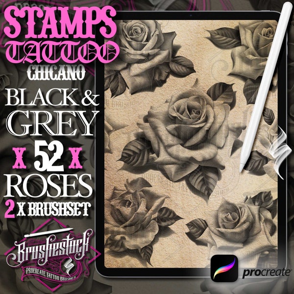 52 roses noires et grises et pochoirs de tatouage - Pack chicano - Pinceaux de tatouage Procreate pour iPad