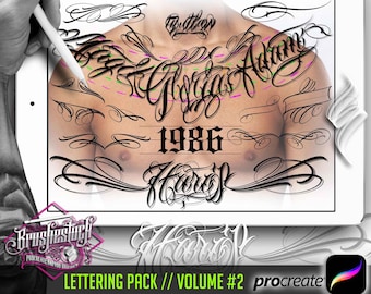 724 Procreate Buchstaben und Zahlen Tattoo - Lettering Chicano Pack für Procreate - Buchstaben Tattoo Procreate Pinsel - Band 2