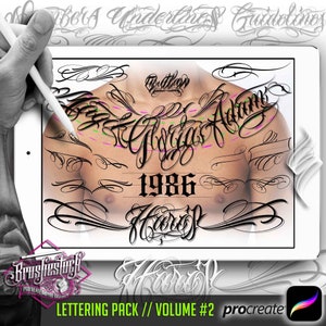x724 Tatuajes de letras y números para Procreate - Paquete de letras chicanas para Procreate - Pinceles para tatuajes de letras para Procreate - Volumen 2