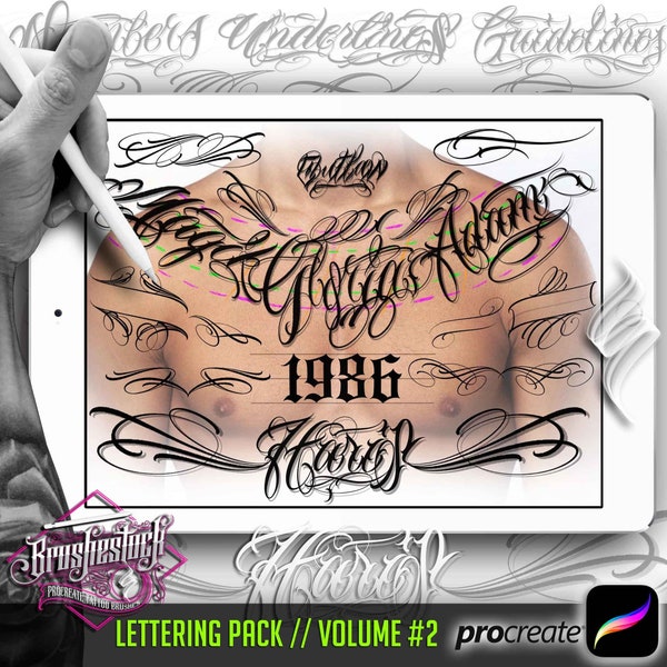 724 Procreate Buchstaben und Zahlen Tattoo - Lettering Chicano Pack für Procreate - Buchstaben Tattoo Procreate Pinsel - Band 2