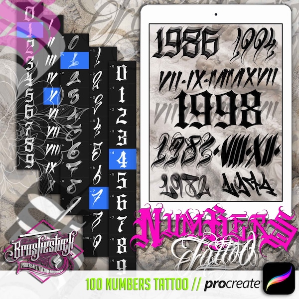 100 Numbers Chicano Pack - Tattoo Procreate Brushes for iPad