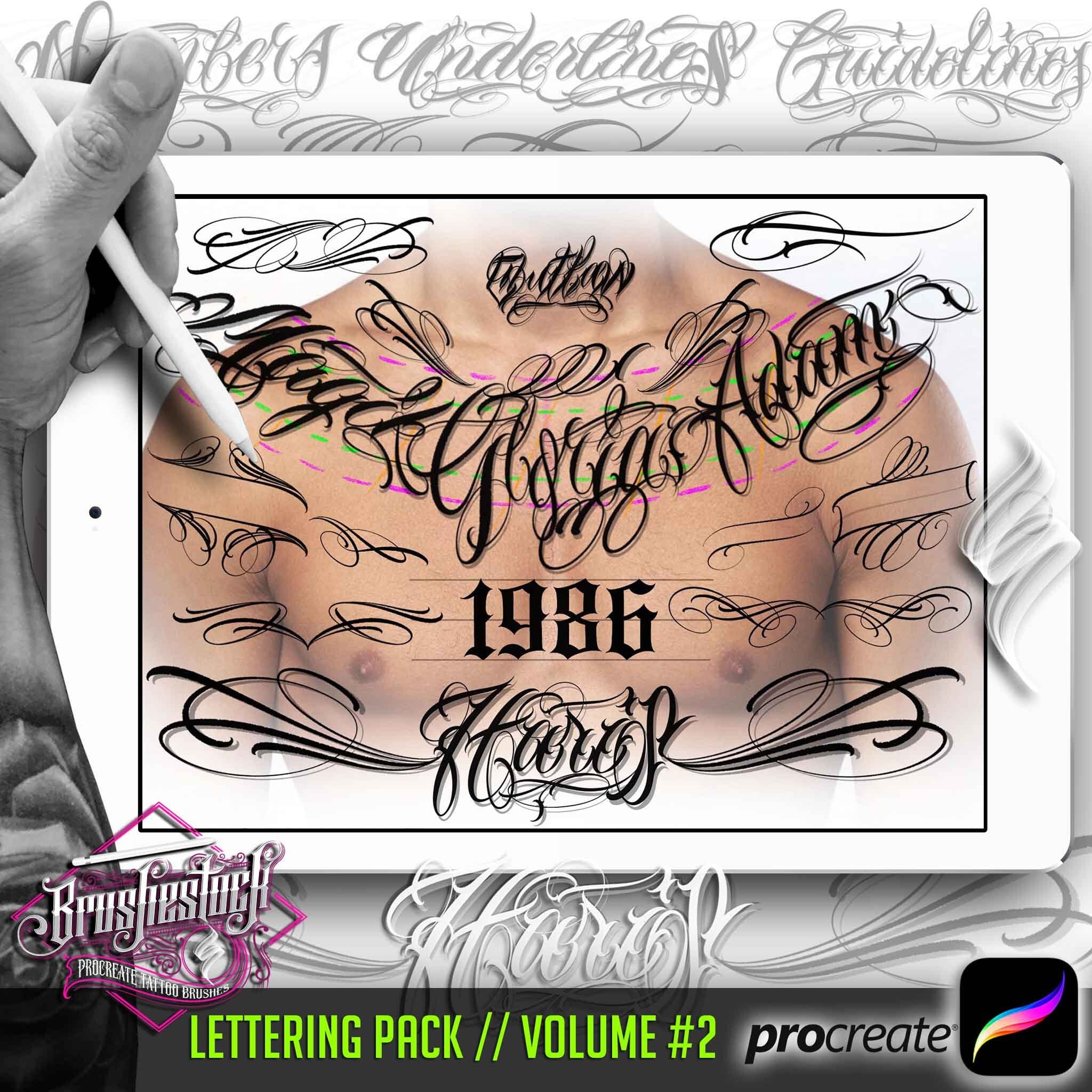 X724 Procreate Letters & Numbers Tattoo Pack – Sellos de pincel de lettering chicano, 5 alfabetos de tatuaje, adornos y números (Volumen 2)