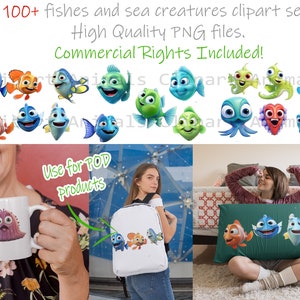 100+ fishes and ocean creatures Clipart Set - Fish Clipart. High Quality Transparent PNG Files- Instant download. Use for POD. Pixar style.