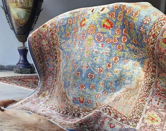 Amazing antique BLUE HEREKE Turkish silk prayer rug vegetable dye