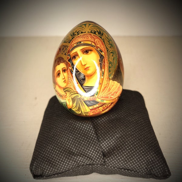 Traditional Orthodox easter egg Saint Mary and Child Jesus lacquered wood and gold painted