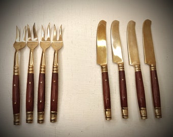 Vintage Thai brass and rosewood set of knives and forks for four people
