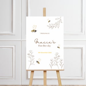 First Bee-day Welcome Sign, 1st Birthday, Editable Template, INSTANT DOWNLOAD