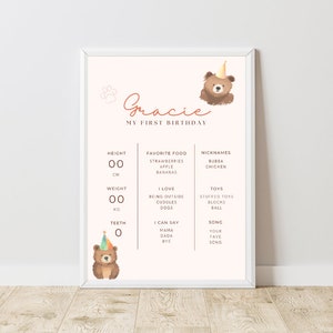 Beary First Birthday Milestones Poster, Bear 1st Birthday Party Milestone sign, Editable Template, INSTANT DOWNLOAD