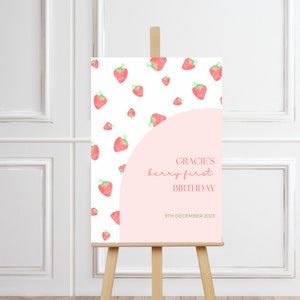 Strawberry Berry Pierwsze Urodziny Powitalny Znak, Strawberry Pierwsze Urodziny Powitalny Znak, Edytowalny Szablon, NATYCHMIASTOWE POBIERANIE