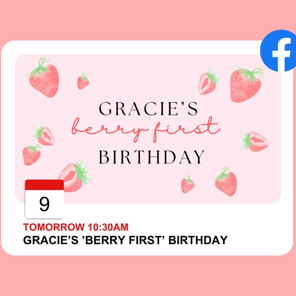 Berry First Birthday Facebook Event Cover Photo, Strawberry 1st birthday party, Editable Template, INSTANT DOWNLOAD