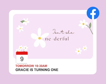 One-derful Birthday Facebook Event Cover Photo, Flower 1st Birthday, Isn't she Onederful, Editable Template, INSTANT DOWNLOAD