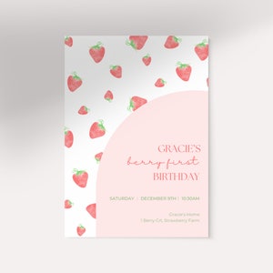 Strawberry Berry First Birthday Invitation, Strawberry 1st Birthday Party Invitation, Editable Template, INSTANT DOWNLOAD