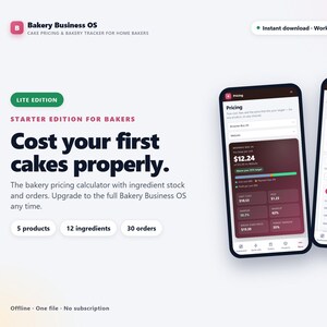 Puede incluir: Una interfaz digital para Bakery Business OS Lite Edition, con dos teléfonos inteligentes que muestran pantallas de seguimiento de precios y productos. El texto incluye Cost your first cakes properly, 5 products, 12 ingredients y 30 orders.