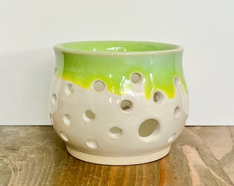 Ceramic luminary candle holder, white & green