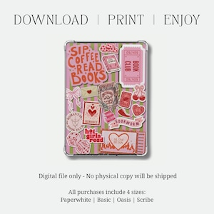 May include: A digital file featuring a collage of stickers with a reading theme. The stickers include hearts, books, bows, and the phrases "Sip Coffee Read Books", "Book Club", and "Hot Girls Read". The background has pink and green stripes.