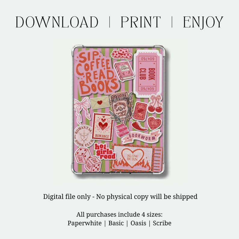 May include: A digital file featuring a collage of stickers with a reading theme. The stickers include hearts, books, bows, and the phrases "Sip Coffee Read Books", "Book Club", and "Hot Girls Read". The background has pink and green stripes.