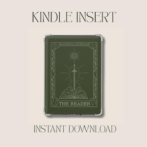 May include: A green Kindle Insert with a white illustration of a sword, sun, and open book. The text "THE READER" is at the bottom. The words "KINDLE INSERT" and "INSTANT DOWNLOAD" are at the top and bottom.