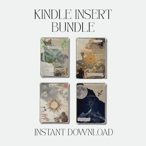 Könnte beinhalten: Ein Bundle von vier Kindle-Einsätzen mit Designs zu den Themen Himmel und Natur. Jeder Einsatz zeigt eine einzigartige Collage mit Monden, Sonnen, Schmetterlingen und Bergen. Der Text "KINDLE INSERT BUNDLE" und "INSTANT DOWNLOAD" ist zu sehen.