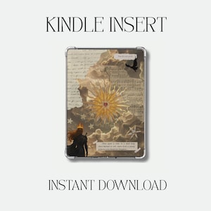 Pode incluir: Insert Kindle com um design de fantasia. A capa apresenta uma colagem de elementos vintage, incluindo um raio de sol, nuvens, partituras e uma silhueta. O texto "KINDLE INSERT" e "INSTANT DOWNLOAD" são exibidos.