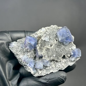BLUE Fluorite on Quartz, Rare Fujian Blue Fluorite on Druzy Quartz Matrix, Fluorite Cluster Specimen