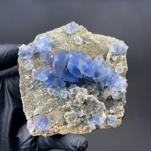 BLUE Fluorite on Quartz, Double Sided Rare Fujian Blue Fluorite on Druzy Quartz Matrix, Fluorite Cluster Specimen