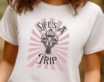 Camiseta con diseño de hongos Life's A Trip, camiseta retro, estilo vintage, psicodélica, camiseta con hongos, camiseta genial, regalo para mujeres, regalo para hombres, amante de la naturaleza