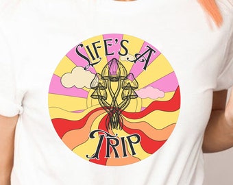 Camiseta con diseño de hongos Life's A Trip, camiseta retro, estilo vintage, psicodélica, camiseta con hongos, camiseta genial, regalo para mujeres, regalo para hombres, amante de la naturaleza
