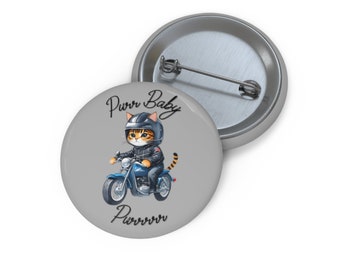 Pin de gato en motocicleta, botón, pin de motocicleta, botón de gato, pin de mujer gata, botón divertido, pin de mascota, amante de los gatos, pin divertido, botón divertido