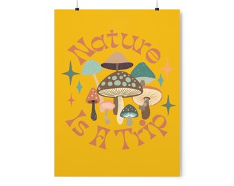 Póster de hongos "La naturaleza es un viaje", impresión retro, estilo vintage, psicodélico, hongo, maravilloso, regalo para mujeres, regalo para hombres, amante de la naturaleza, mate