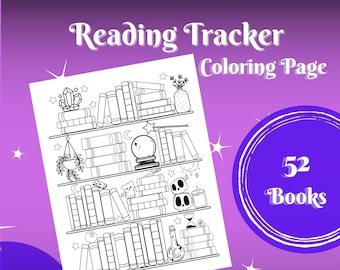 52-Book Reading Tracker Coloring Page, Yearly Reading Challenge with Cute Magical Witchy Theme for Adults and All Ages