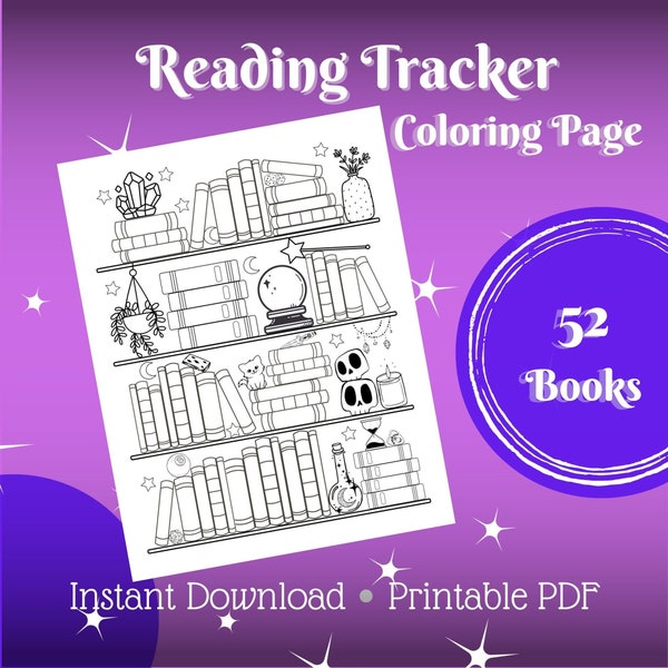 52-Book Reading Tracker Coloring Page, Yearly Reading Challenge with Cute Magical Witchy Theme for Adults and All Ages