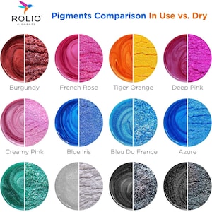 May include: A comparison of Rolio pigments in use versus dry. The image displays 12 color swatches, each split in half to show the pigment's appearance in both states. Colors include burgundy, French rose, tiger orange, deep pink, and more.