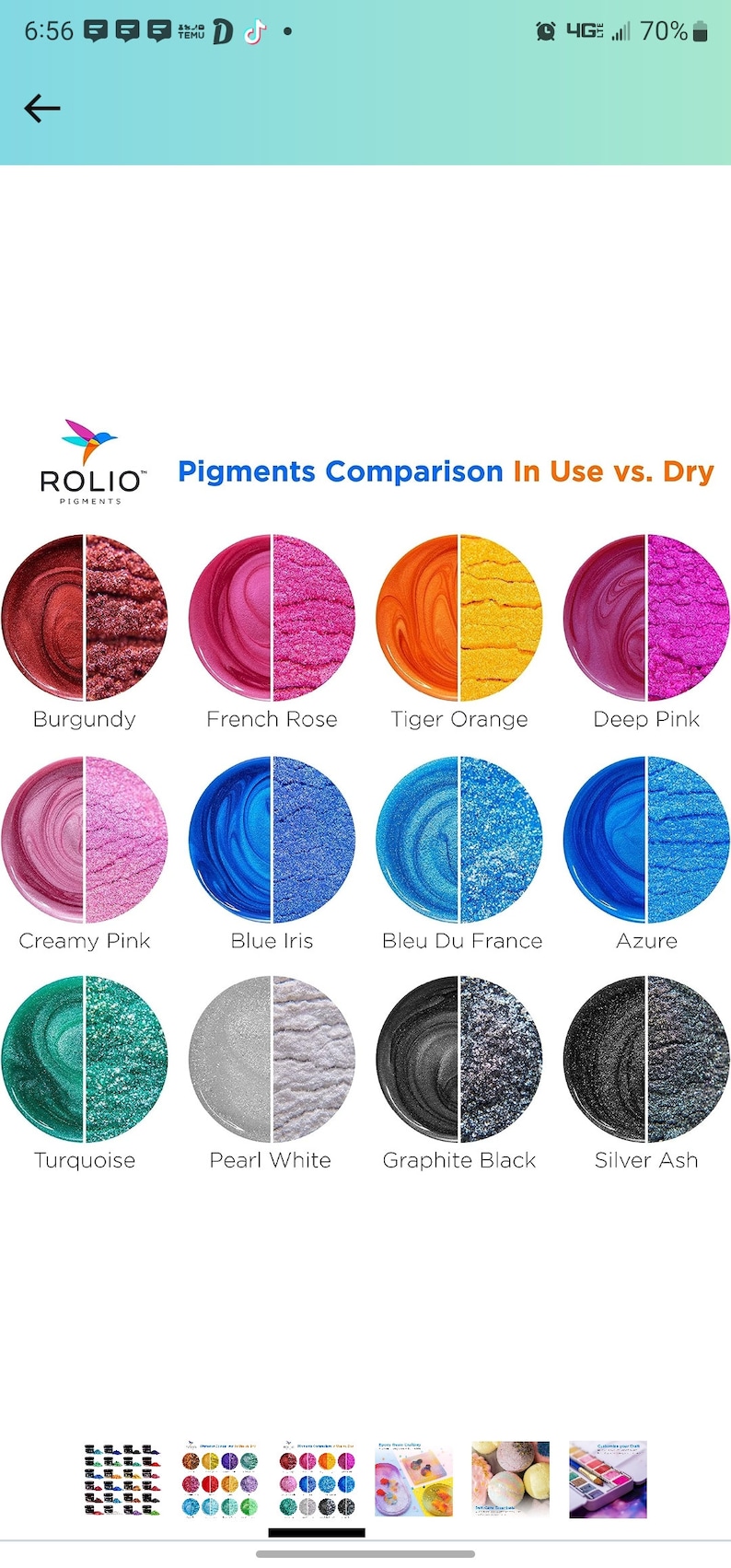 May include: A comparison of Rolio pigments in use versus dry. The image displays 12 color swatches, each split in half to show the pigment's appearance in both states. Colors include burgundy, French rose, tiger orange, deep pink, and more.