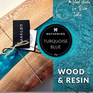 May include: Image features a wood and resin project with turquoise blue pigment. A black label with the text "PARAGON" is attached. The product is "MEYSPRING TURQUOISE BLUE" mica powder, 50g, ideal for river tables and woodworking.