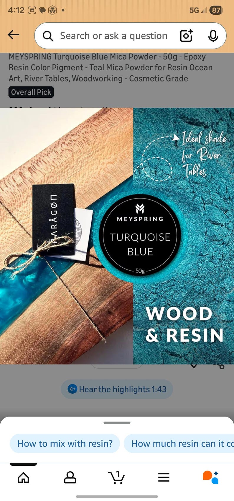 May include: Image features a wood and resin project with turquoise blue pigment. A black label with the text "PARAGON" is attached. The product is "MEYSPRING TURQUOISE BLUE" mica powder, 50g, ideal for river tables and woodworking.