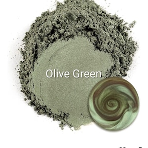 May include: Olive green mica powder, a pearlescent effect colorant for epoxy resin, tumblers, and crafts. The image shows a pile of the powder and a swirl of the color. The text "Olive Green" is displayed.