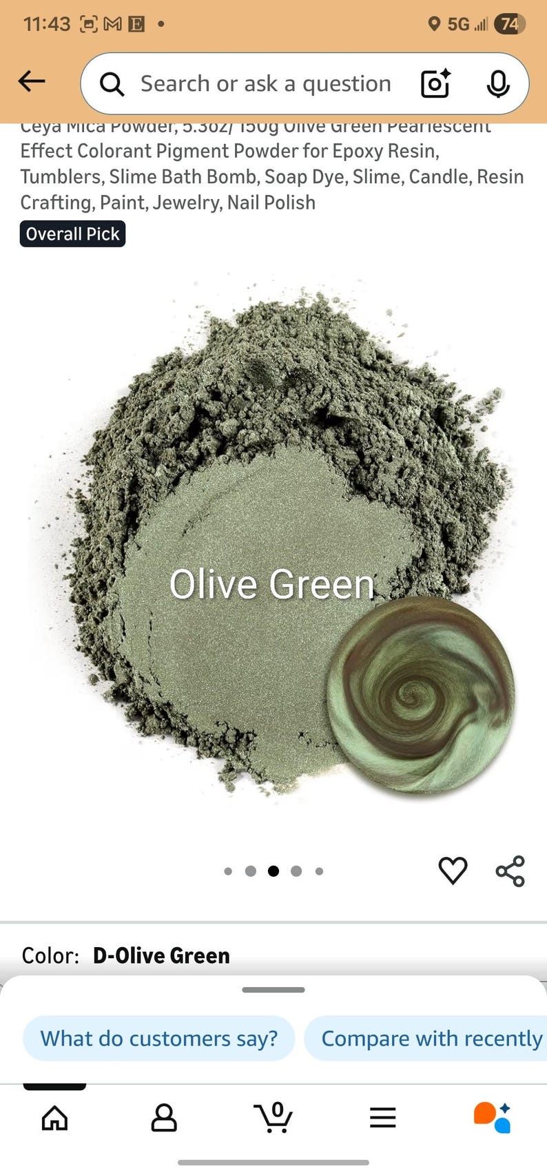May include: Olive green mica powder, a pearlescent effect colorant for epoxy resin, tumblers, and crafts. The image shows a pile of the powder and a swirl of the color. The text "Olive Green" is displayed.