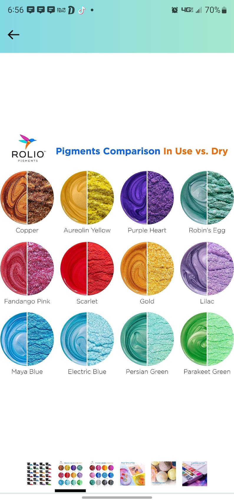 May include: A comparison chart of Rolio Pigments, showing the colors in use versus dry. The chart displays 12 different colors, including Copper, Aureolin Yellow, Purple Heart, Robin's Egg, Fandango Pink, Scarlet, Gold, Lilac, Maya Blue, Electric Blue, Persian Green, and Parakeet Green.