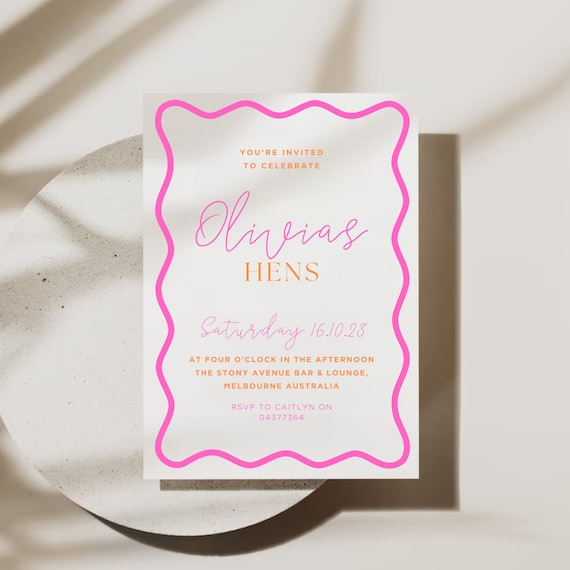Wavy Border Hens Party Invite: Orange & Pink (Digital Download)
