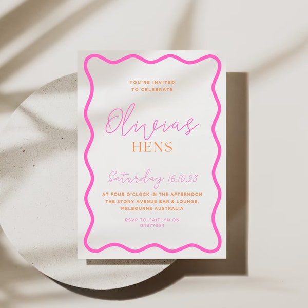 Hens Wavy Border | Hens Invite with Wavy Border | Orange and Pink Invite | Squiggle Engagement Invite | Digital Download Invite | Hens Party