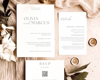 Puede incluir: Conjunto de invitaciones de boda con un diseño minimalista. La invitación presenta los nombres Olivia y Marcus en una fuente simple y elegante. La tarjeta de detalles incluye información sobre la ceremonia, la recepción, el alojamiento y el transporte. La tarjeta RSVP tiene un código QR para que los invitados respondan.