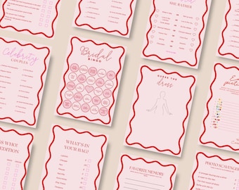 Printable Bridal Shower & Bachelorette Party Games Bundle | Editable Hen Party Games | 17 Red Pink Wavy Canva Templates