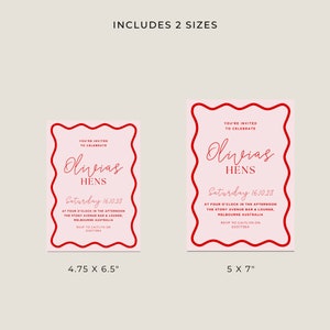 May include: Two pink and red invitation cards with a wavy border. The text on the cards reads "You're invited to celebrate Olivias Hens. Saturday 16.10.23 at four o'clock in the afternoon. The Stony Avenue Bar & Lounge, Melbourne Australia. RSVP to Caitlyn on 04377364". The cards are 12.1 cm x 16.5 cm and 12.7 cm x 17.8 cm.