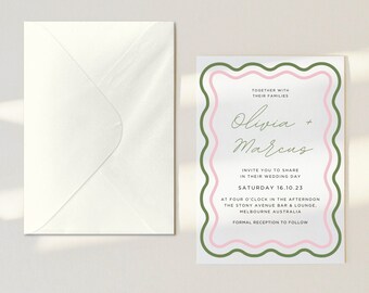 Gewellte Borte Hochzeitseinladung Vorlage | Pink und Grün (Digital)