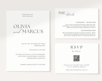 Ensemble d'invitations de mariage minimaliste, code QR modifiable RSVP (téléchargement numérique)