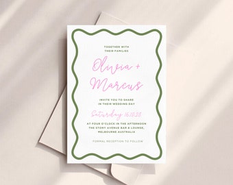 Squiggle Wedding Invite | Wavy Border Invites | Squiggle Engagement Invite | Sage Wedding Invite Template | Wavy Line Invitation
