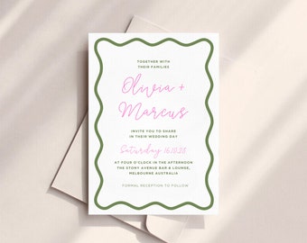 Squiggle Wedding Invitation: Sage Wavy Border (Digital Download)